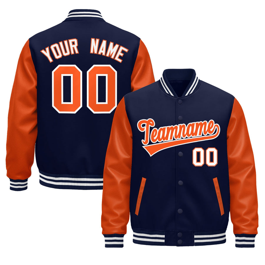Custom Navy Orange White Raglan Sleeves Varsity Full-Snap Leather Sleeves Letterman Jacket | BuyFootballJersey