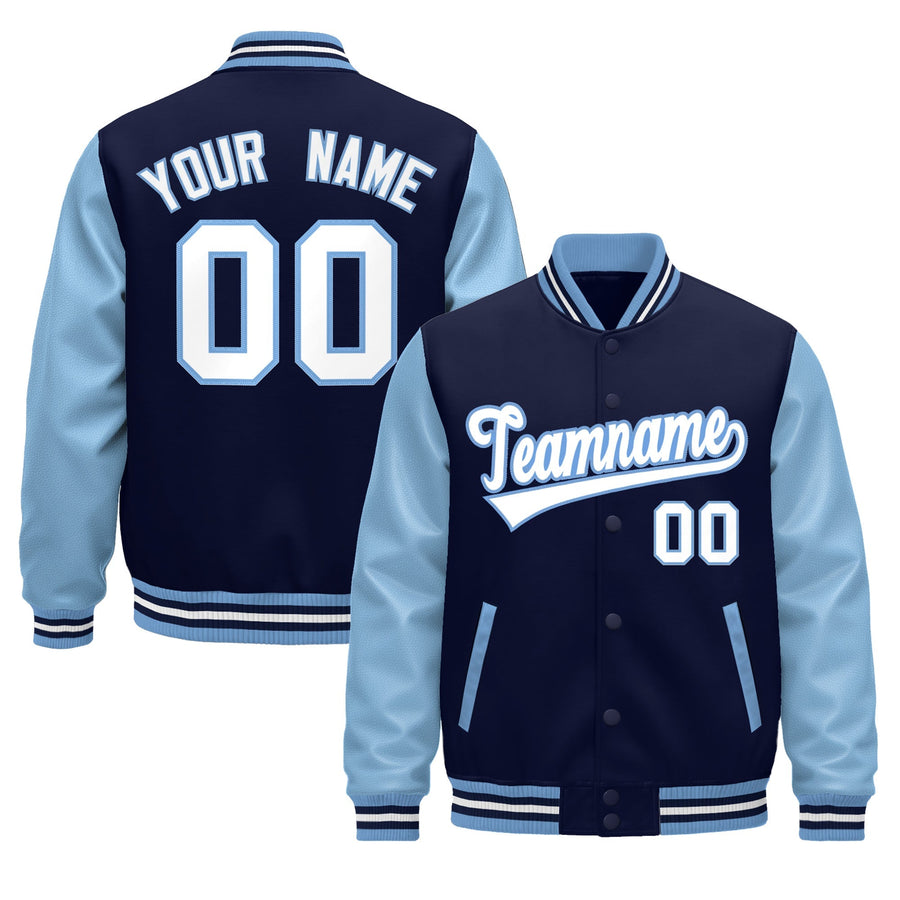 Custom Light Blue Navy White Raglan Sleeves Varsity Full-Snap Leather Sleeves Letterman Jacket | BuyFootballJersey