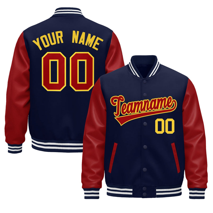 Custom Navy Red White Gold Raglan Sleeves Varsity Full-Snap Leather Sleeves Letterman Jacket | BuyFootballJersey