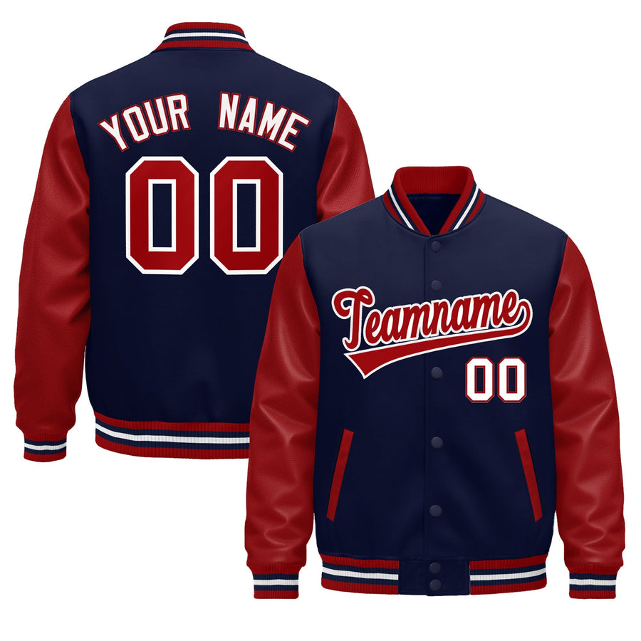 Custom Red Navy White Raglan Sleeves Varsity Full-Snap Leather Sleeves Letterman Jacket | BuyFootballJersey