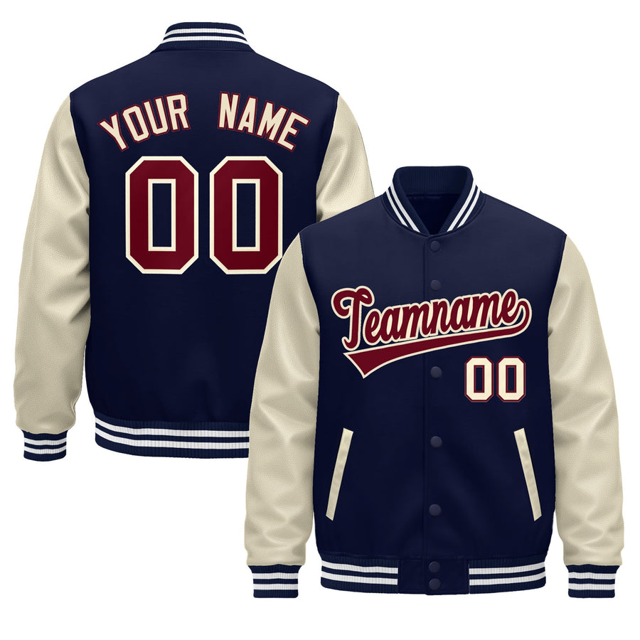 Custom Navy Cream White Raglan Sleeves Varsity Full-Snap Leather Sleeves Letterman Jacket | BuyFootballJersey