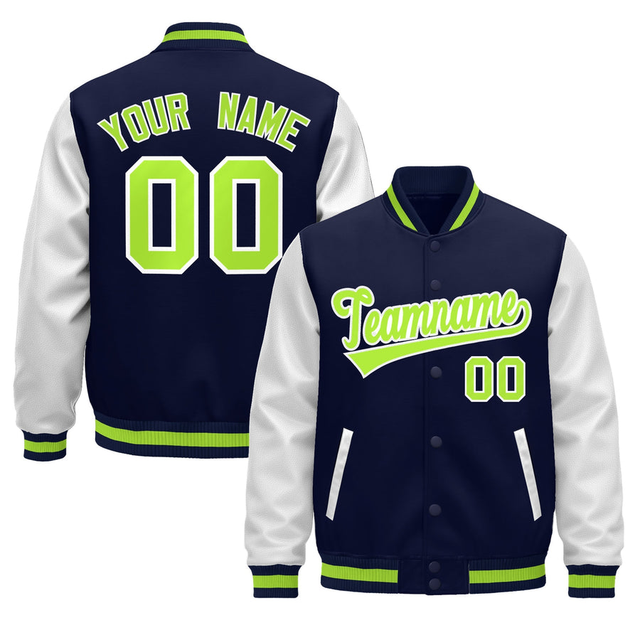 Custom Navy White Neon Green Raglan Sleeves Varsity Full-Snap Leather Sleeves Letterman Jacket | BuyFootballJersey