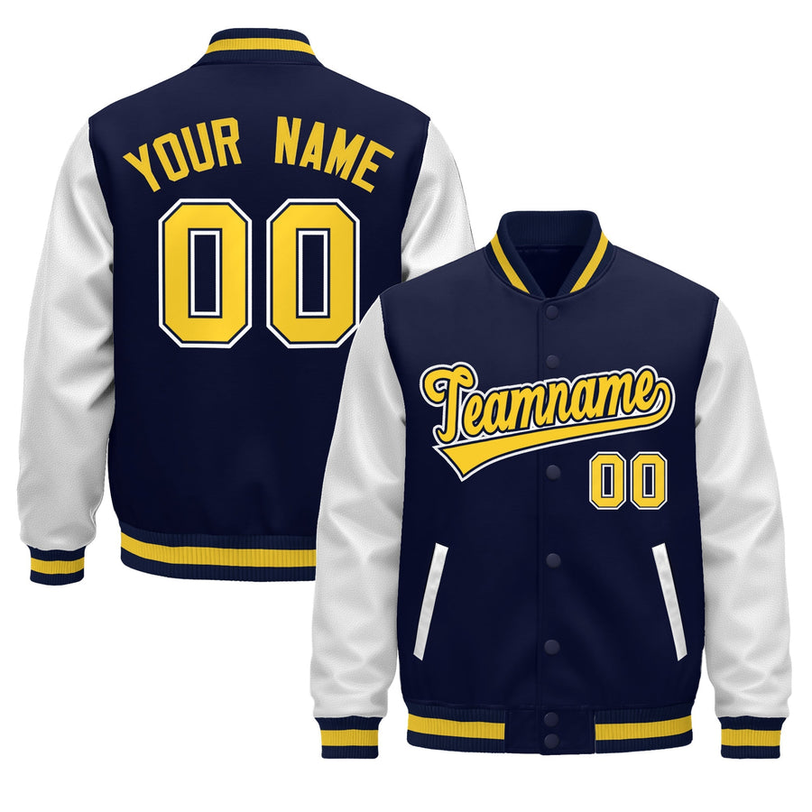 Custom Navy White Gold Raglan Sleeves Varsity Full-Snap Leather Sleeves Letterman Jacket | BuyFootballJersey