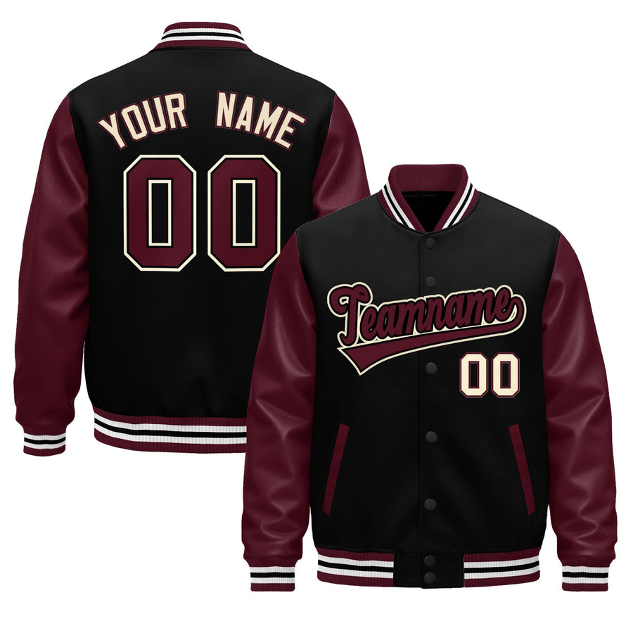 Custom Burgundy Black Crimson Raglan Sleeves Varsity Full-Snap Leather Sleeves Letterman Jacket | BuyFootballJersey