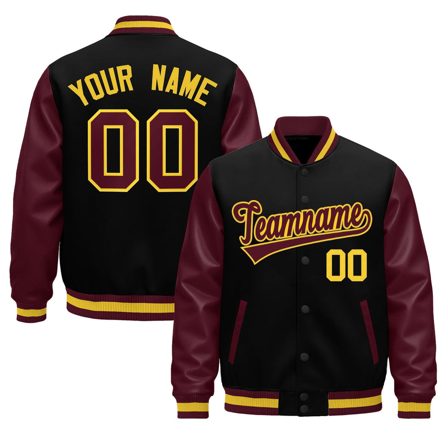 Custom Burgundy Black Crimson Gold Raglan Sleeves Varsity Full-Snap Leather Sleeves Letterman Jacket | BuyFootballJersey