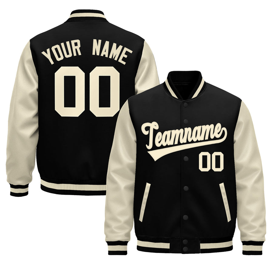 Custom Black Cream Raglan Sleeves Varsity Full-Snap Leather Sleeves Letterman Jacket | BuyFootballJersey