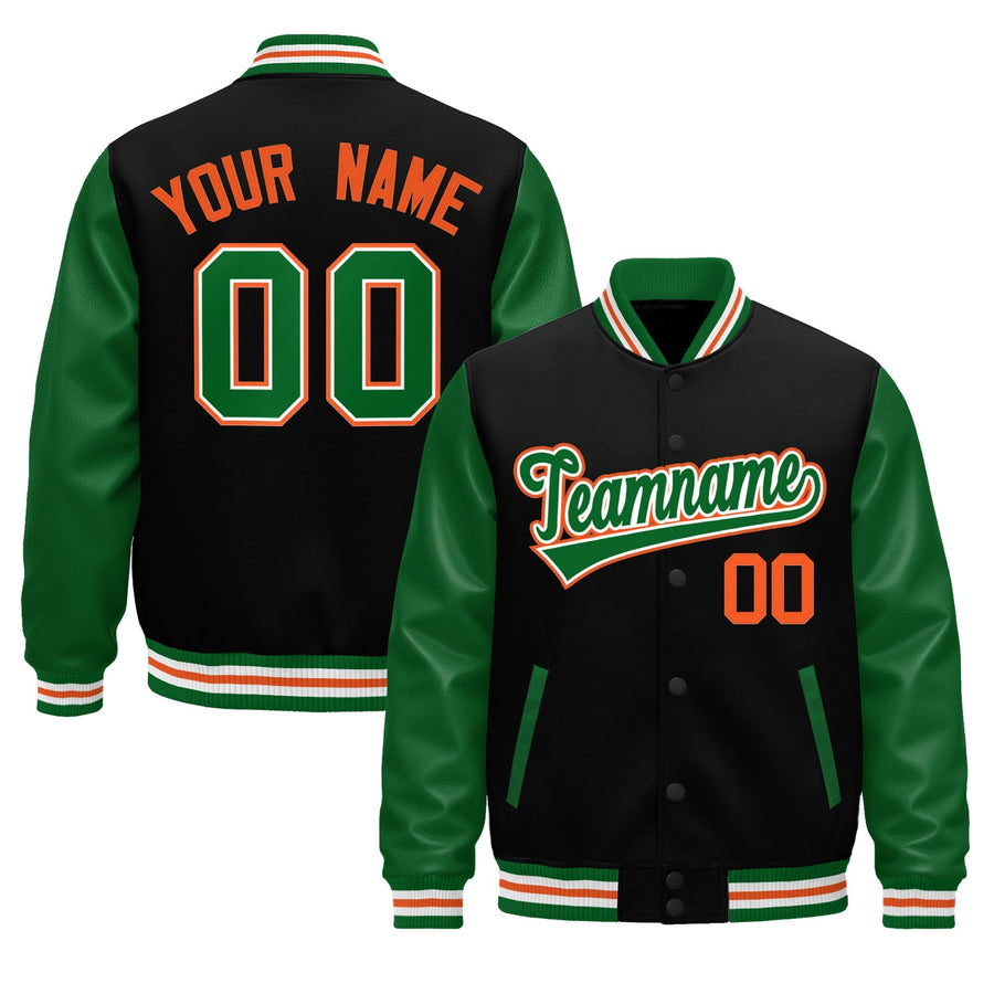 Custom Black Kelly Green White Orange Raglan Sleeves Varsity Full-Snap Leather Sleeves Letterman Jacket | BuyFootballJersey