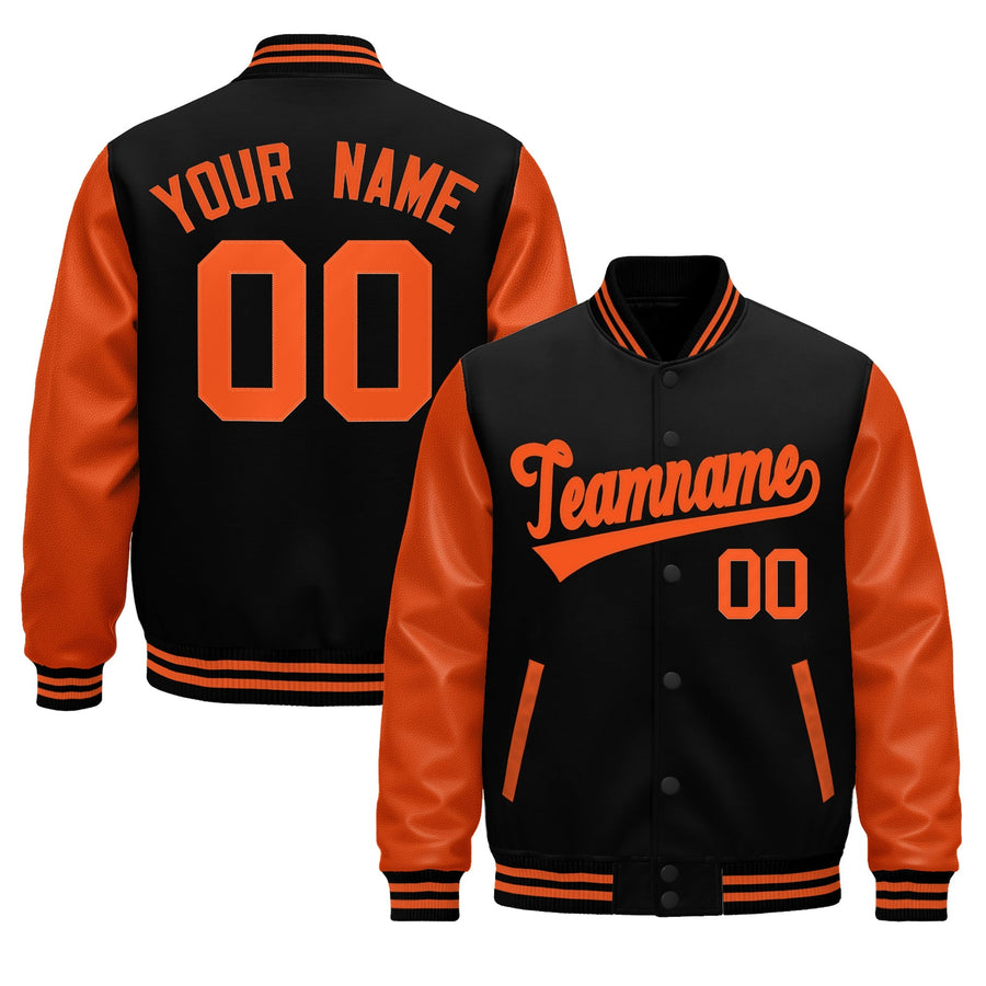 Custom Black Orange Raglan Sleeves Varsity Full-Snap Leather Sleeves Letterman Jacket | BuyFootballJersey