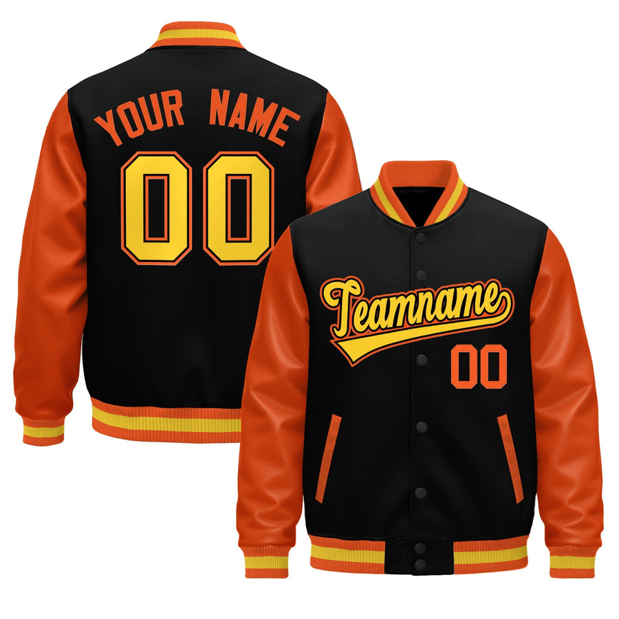 Custom Black Orange Gold Raglan Sleeves Varsity Full-Snap Leather Sleeves Letterman Jacket | BuyFootballJersey