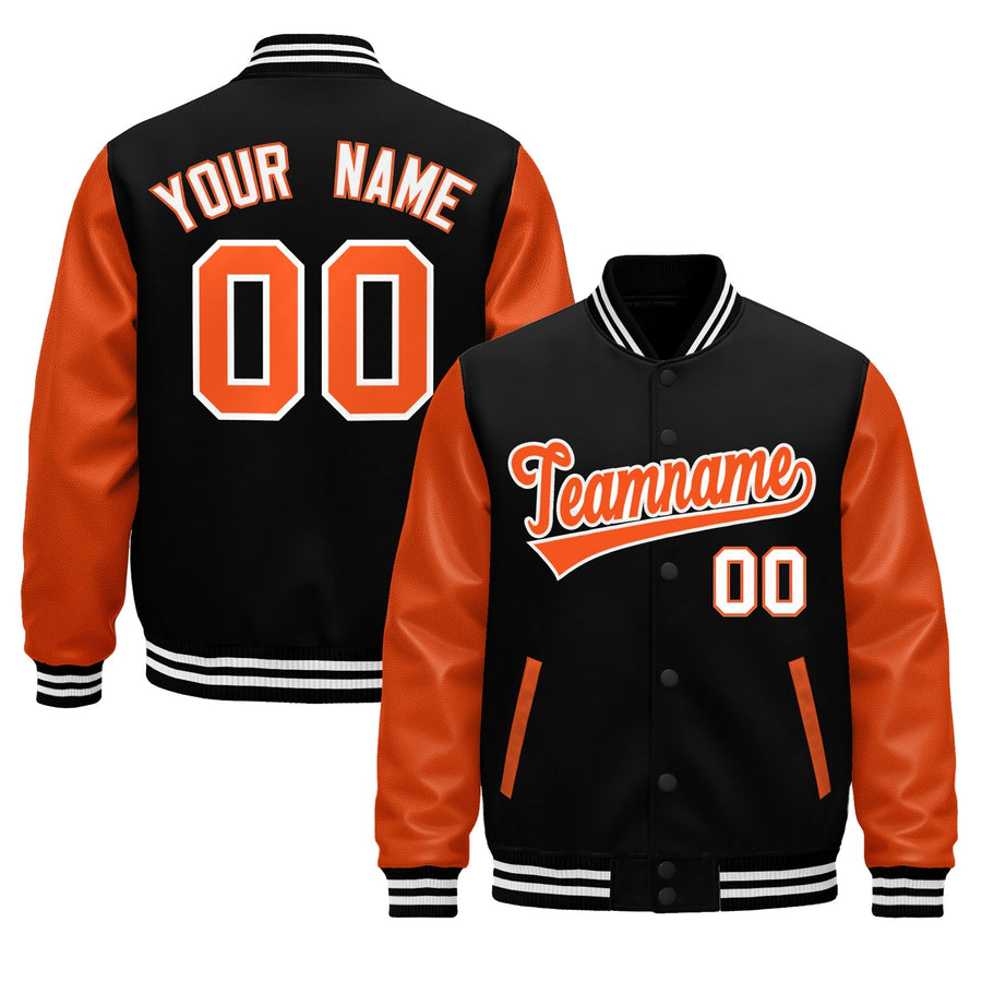 Custom Black Orange White Raglan Sleeves Varsity Full-Snap Leather Sleeves Letterman Jacket | BuyFootballJersey