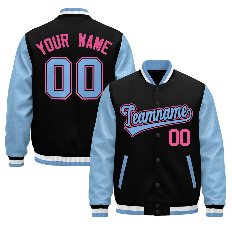Custom Black Light Blue White Rose Red Raglan Sleeves Varsity Full-Snap Leather Sleeves Letterman Jacket | BuyFootballJersey