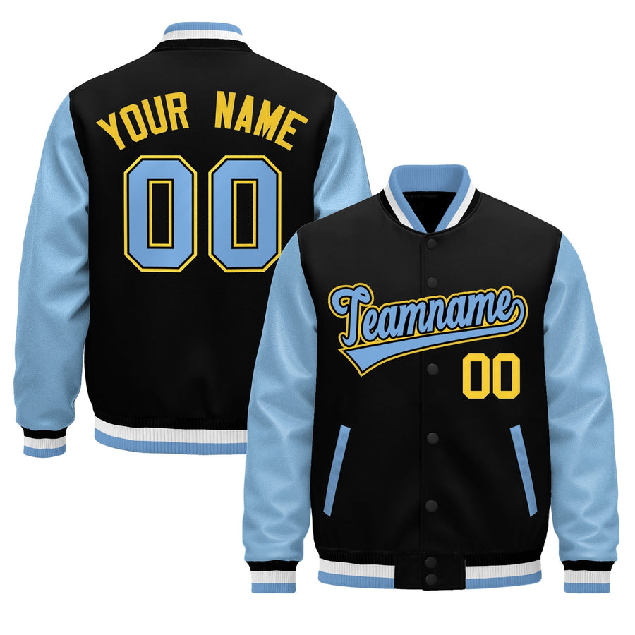 Custom Black Light Blue White Raglan Sleeves Varsity Full-Snap Leather Sleeves Letterman Jacket | BuyFootballJersey