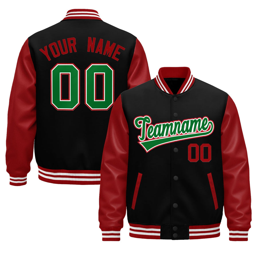 Custom Black Red Kelly Green Raglan Sleeves Varsity Full-Snap Leather Sleeves Letterman Jacket | BuyFootballJersey