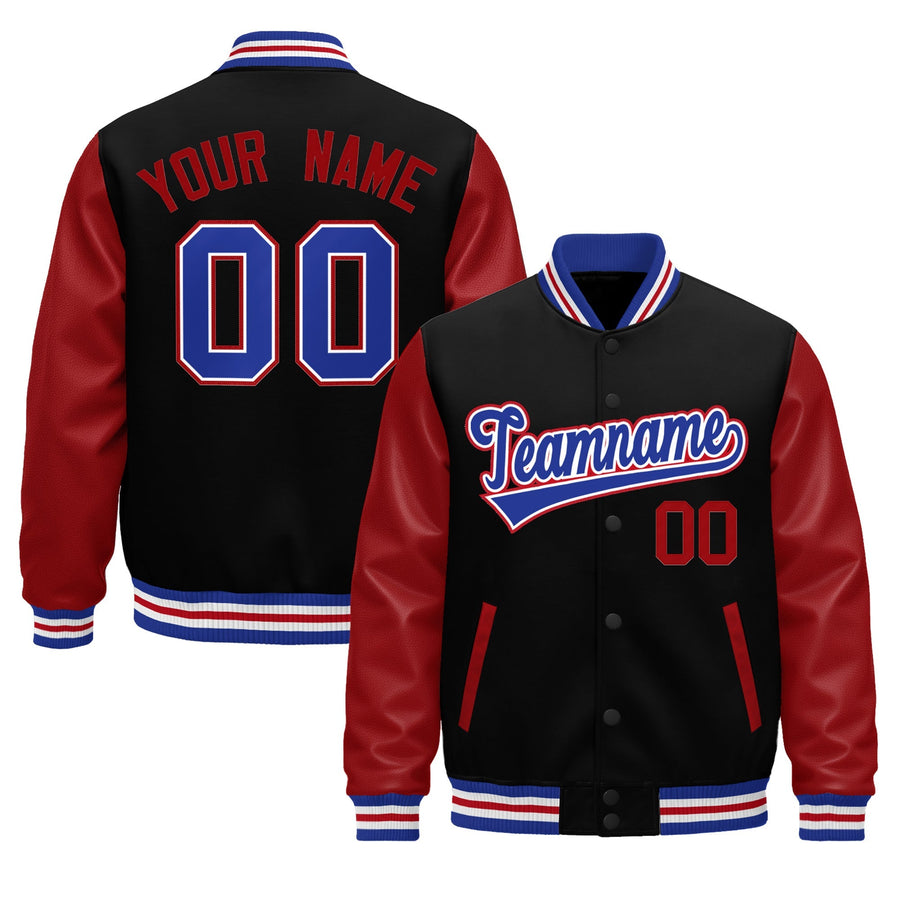 Custom Black Red Royal Blue White Raglan Sleeves Varsity Full-Snap Leather Sleeves Letterman Jacket | BuyFootballJersey