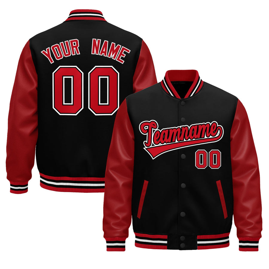 Custom Red Black White Raglan Sleeves Varsity Full-Snap Leather Sleeves Letterman Jacket | BuyFootballJersey