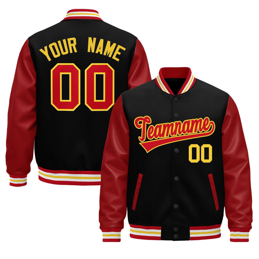 Custom Black Red White Gold Raglan Sleeves Varsity Full-Snap Leather Sleeves Letterman Jacket | BuyFootballJersey