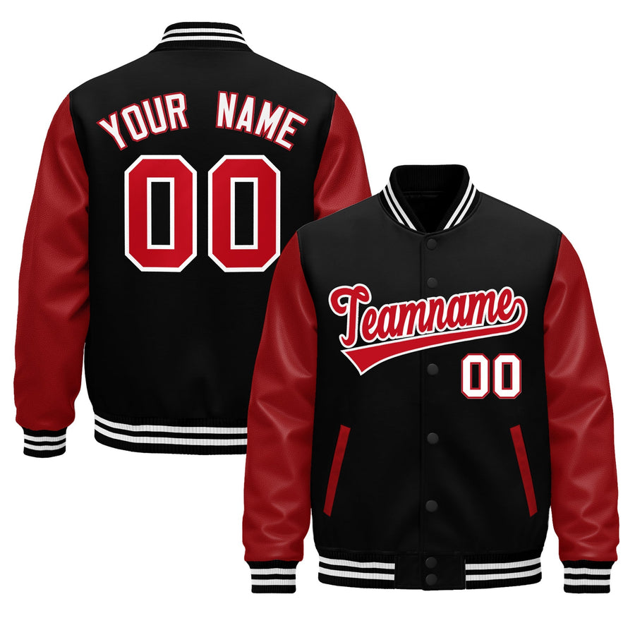 Custom Black White Red Raglan Sleeves Varsity Full-Snap Leather Sleeves Letterman Jacket | BuyFootballJersey
