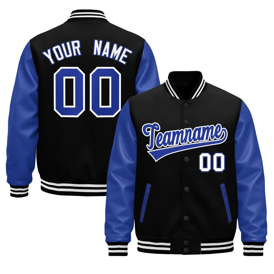 Custom Black Royal Blue White Raglan Sleeves Varsity Full-Snap Leather Sleeves Letterman Jacket | BuyFootballJersey