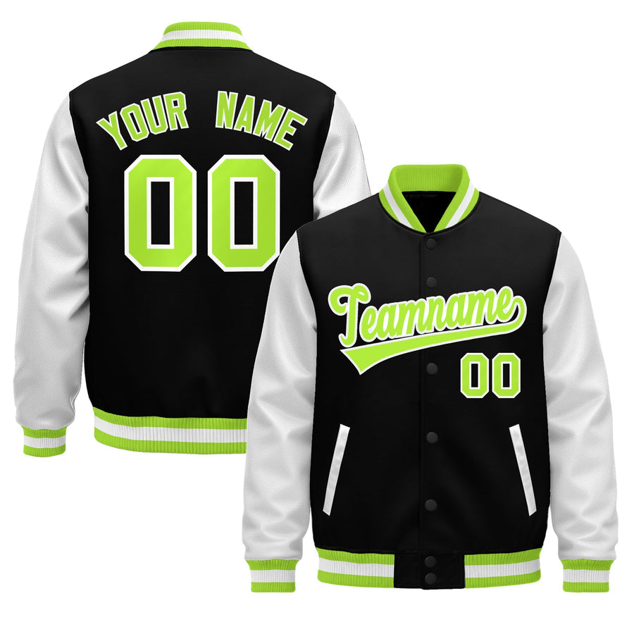 Custom Black Neon Green White Raglan Sleeves Varsity Full-Snap Leather Sleeves Letterman Jacket | BuyFootballJersey