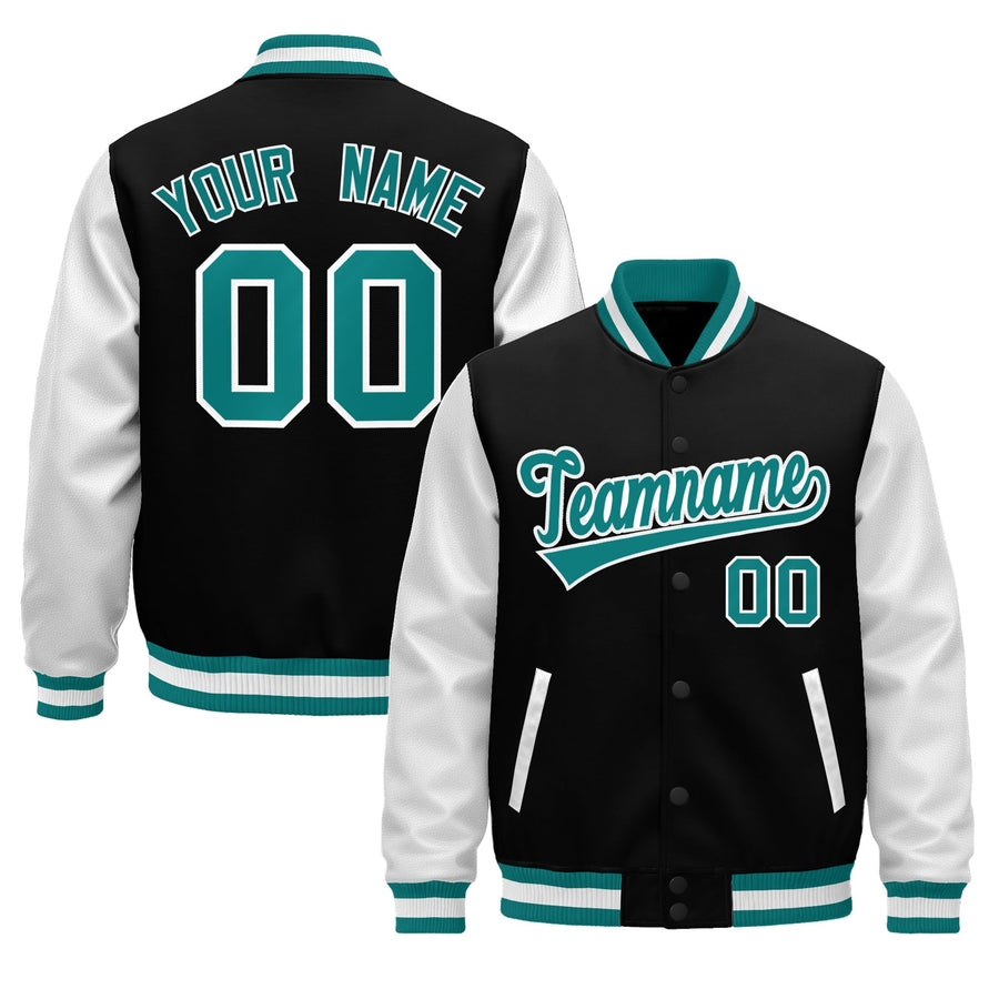 Custom Black Teal White Raglan Sleeves Varsity Full-Snap Leather Sleeves Letterman Jacket | BuyFootballJersey