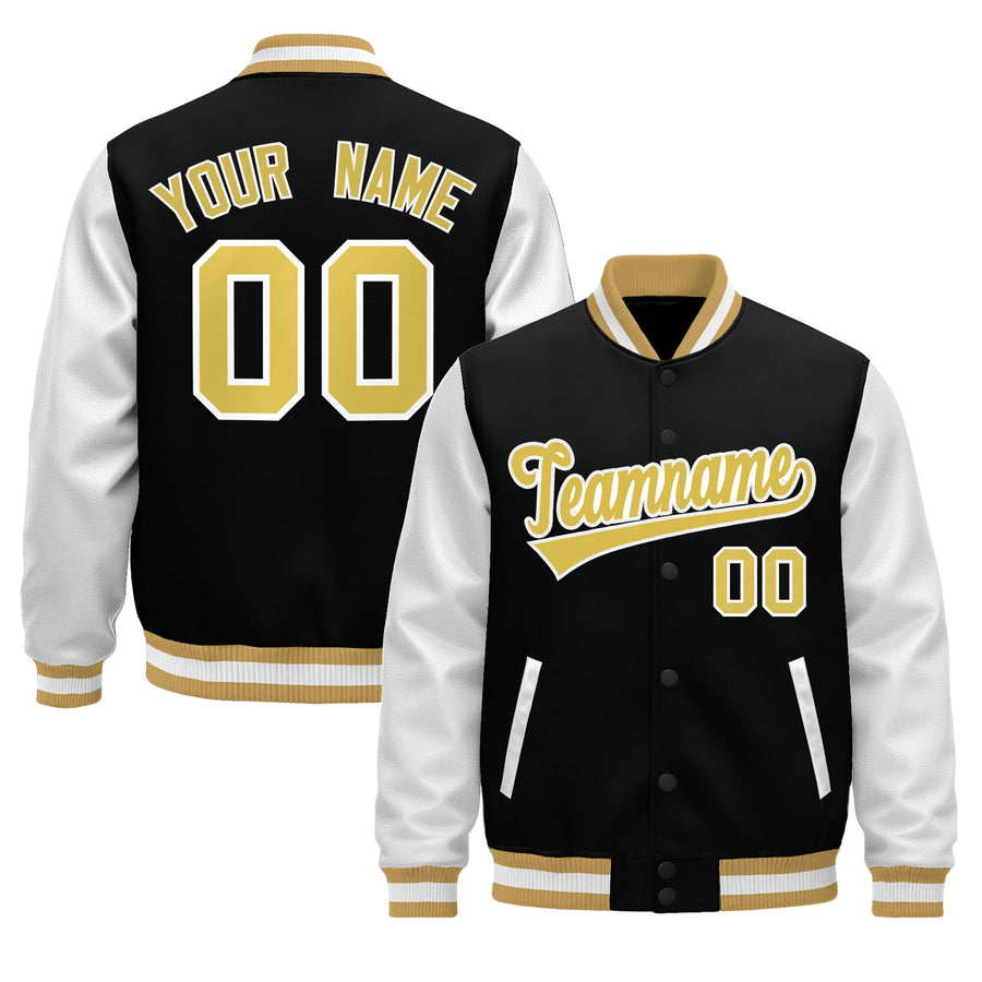 Custom Black Old Gold White Raglan Sleeves Varsity Full-Snap Leather Sleeves Letterman Jacket | BuyFootballJersey