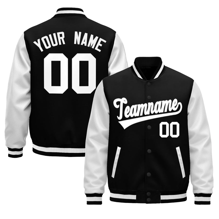 Custom White Black Raglan Sleeves Varsity Full-Snap Leather Sleeves Letterman Jacket | BuyFootballJersey