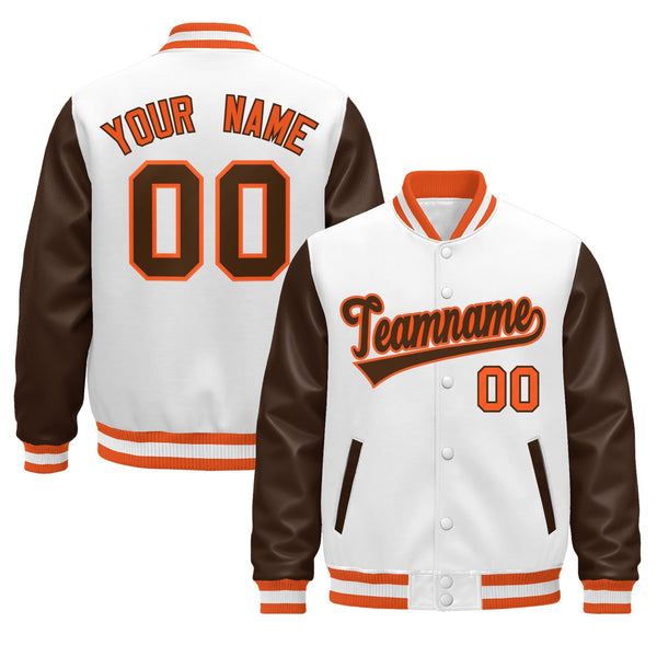 Custom White Brown Orange Raglan Sleeves Varsity Full-Snap Leather Sleeves Letterman Jacket | BuyFootballJersey