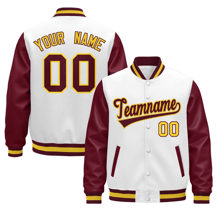 Custom Burgundy White Crimson Gold Raglan Sleeves Varsity Full-Snap Leather Sleeves Letterman Jacket | BuyFootballJersey