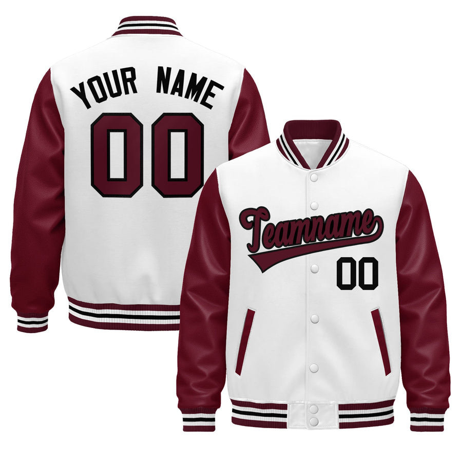 Custom Burgundy White Crimson Black Raglan Sleeves Varsity Full-Snap Leather Sleeves Letterman Jacket | BuyFootballJersey