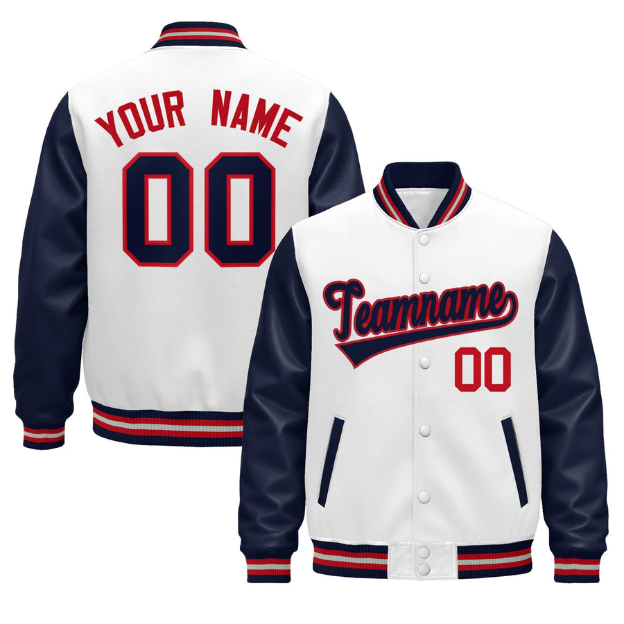 Custom Navy White Red Gray Raglan Sleeves Varsity Full-Snap Leather Sleeves Letterman Jacket | BuyFootballJersey
