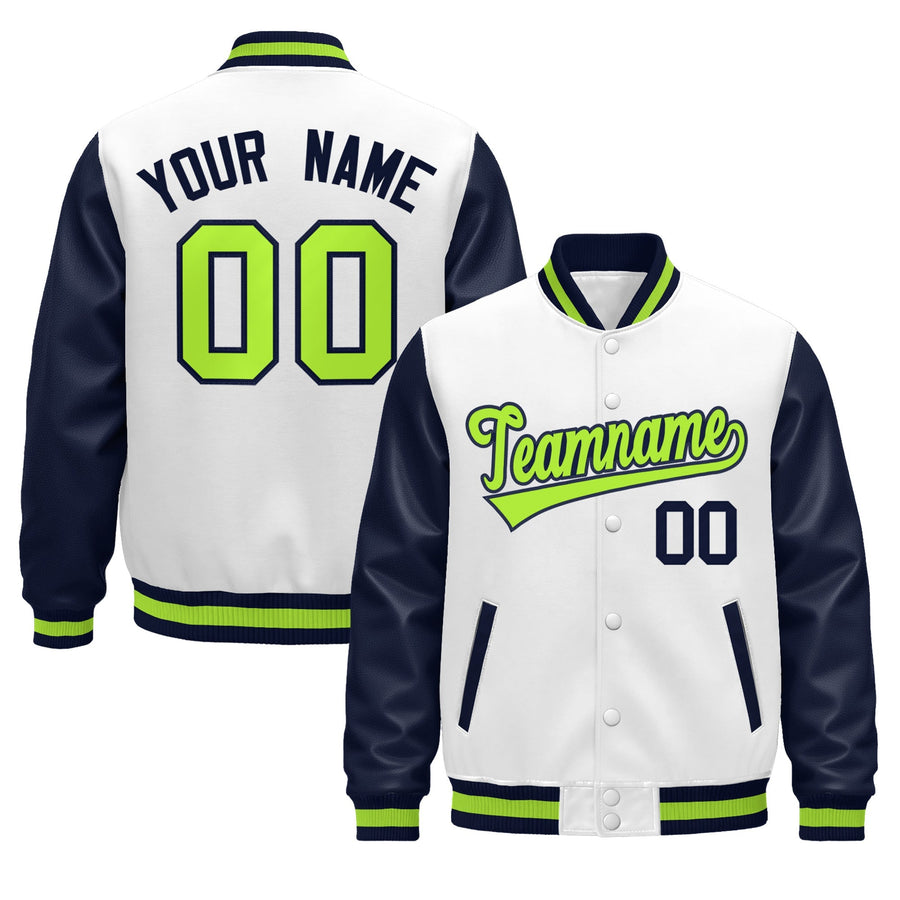 Custom Navy White Neon Green Raglan Sleeves Varsity Full-Snap Leather Sleeves Letterman Jacket | BuyFootballJersey