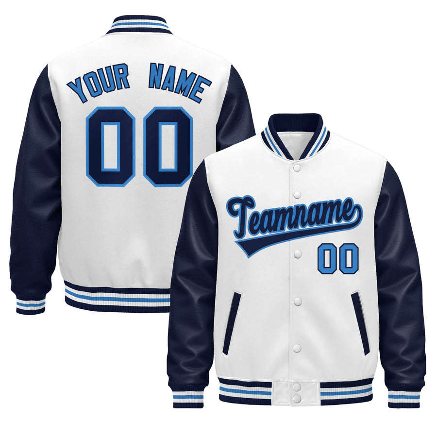 Custom Navy White Powder Blue Raglan Sleeves Varsity Full-Snap Leather Sleeves Letterman Jacket | BuyFootballJersey