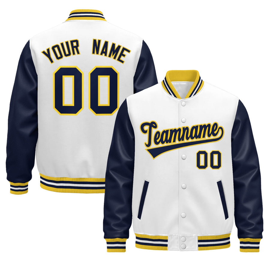 Custom Navy White Gold Raglan Sleeves Varsity Full-Snap Leather Sleeves Letterman Jacket | BuyFootballJersey