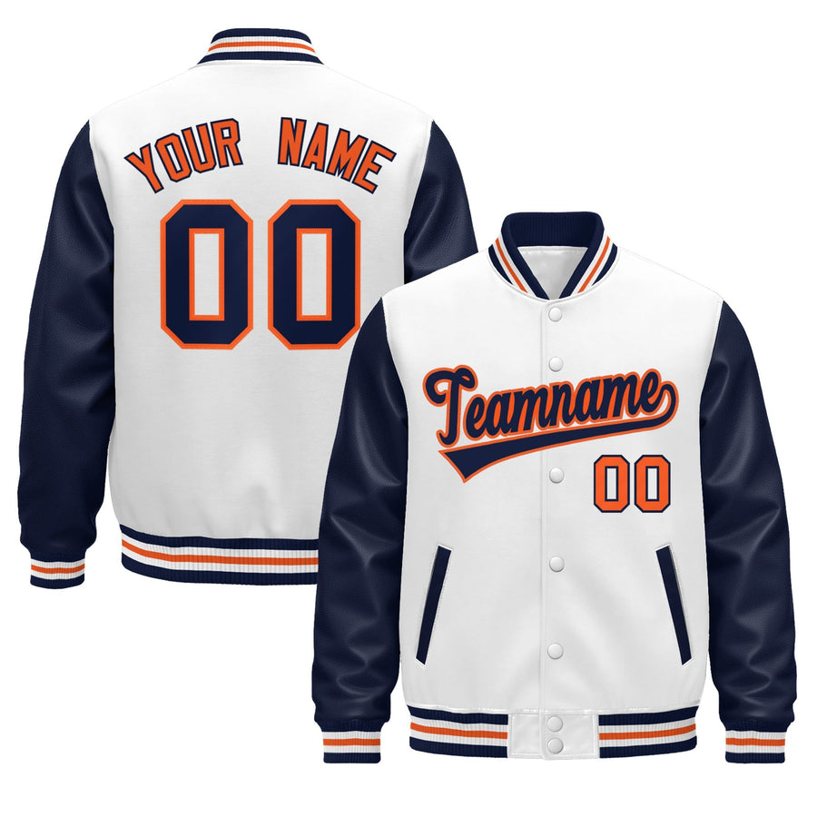 Custom Navy White Orange Raglan Sleeves Varsity Full-Snap Leather Sleeves Letterman Jacket | BuyFootballJersey