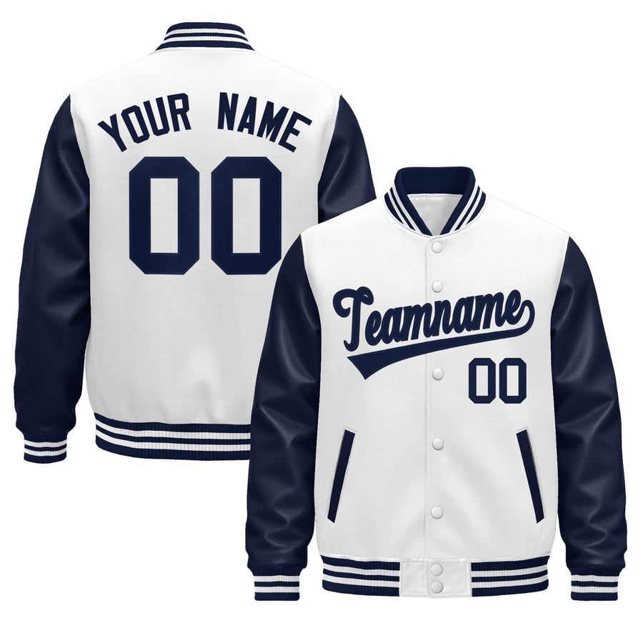 Custom Navy White Raglan Sleeves Varsity Full-Snap Leather Sleeves Letterman Jacket | BuyFootballJersey