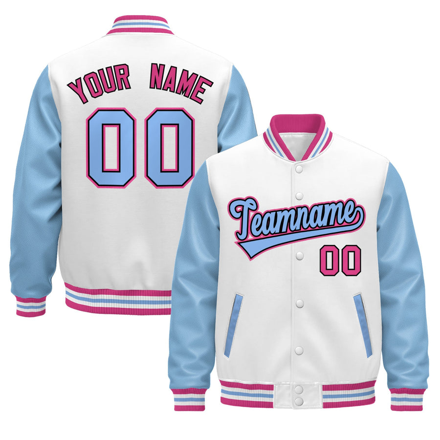 Custom White Light Blue Pink Raglan Sleeves Varsity Full-Snap Leather Sleeves Letterman Jacket | BuyFootballJersey