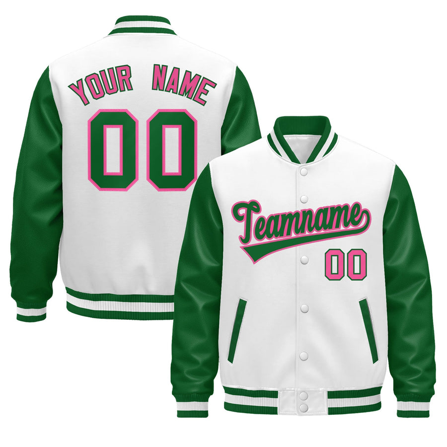 Custom Kelly Green White Rose Red Raglan Sleeves Varsity Full-Snap Leather Sleeves Letterman Jacket | BuyFootballJersey