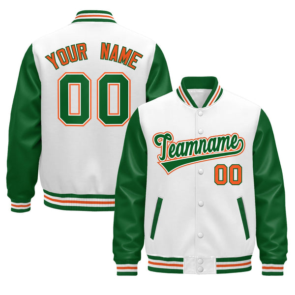 Custom White Kelly Green Orange Raglan Sleeves Varsity Full-Snap Leather Sleeves Letterman Jacket | BuyFootballJersey