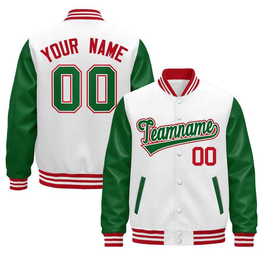 Custom Kelly Green White Red Raglan Sleeves Varsity Full-Snap Leather Sleeves Letterman Jacket | BuyFootballJersey
