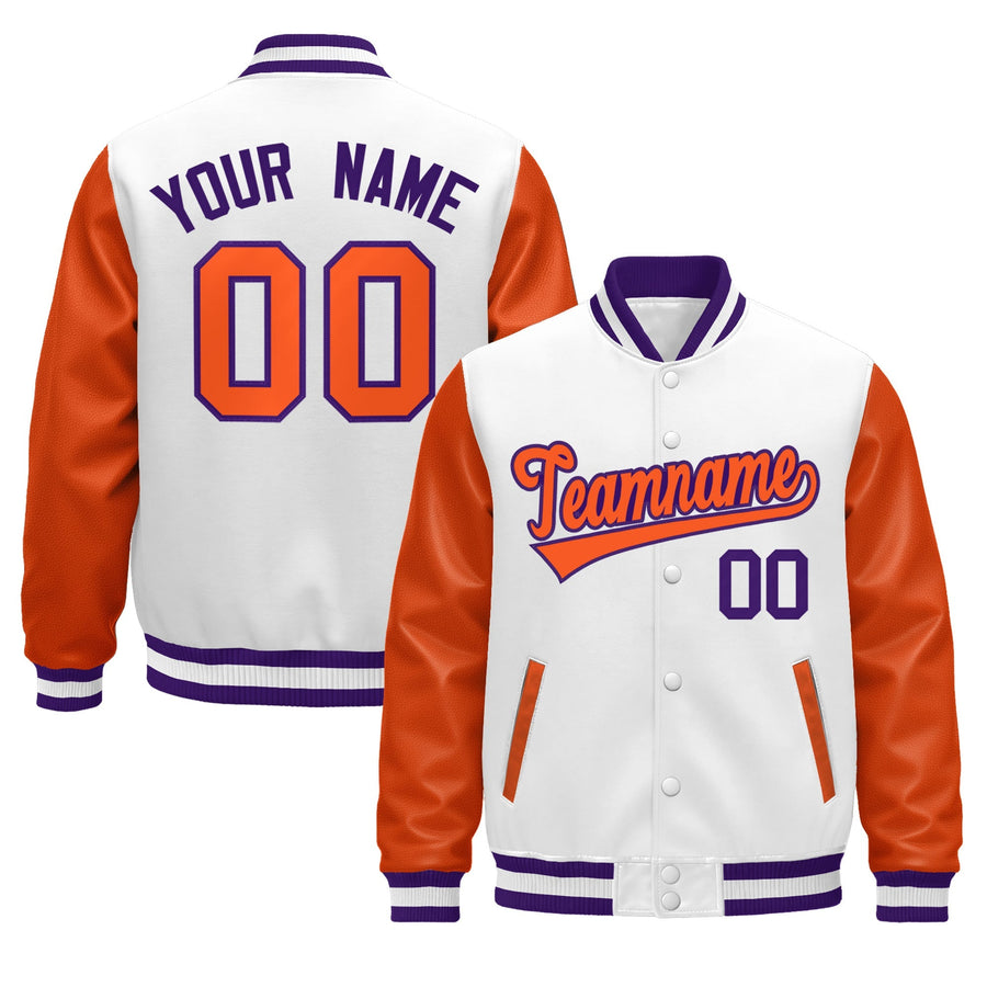 Custom Orange Purple White Raglan Sleeves Varsity Full-Snap Leather Sleeves Letterman Jacket | BuyFootballJersey