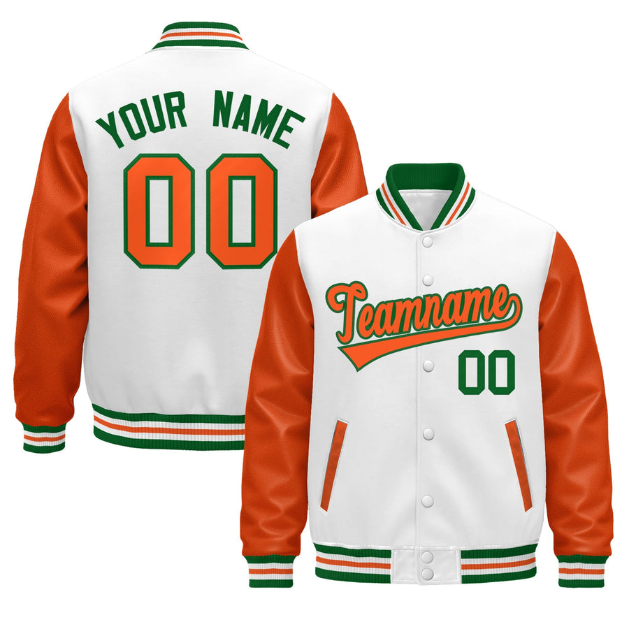 Custom White Orange Kelly Green Raglan Sleeves Varsity Full-Snap Leather Sleeves Letterman Jacket | BuyFootballJersey