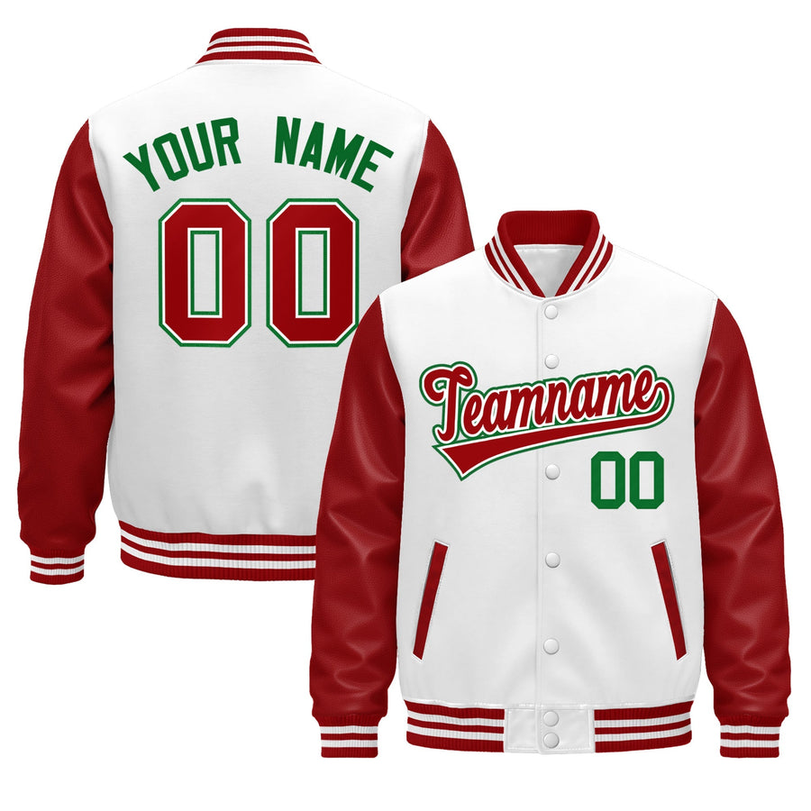 Custom Red White Kelly Green Raglan Sleeves Varsity Full-Snap Leather Sleeves Letterman Jacket | BuyFootballJersey