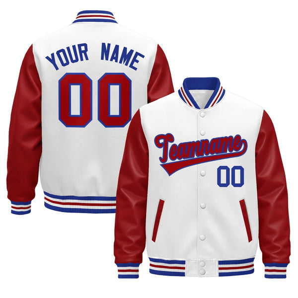 Custom White Red Royal Blue Raglan Sleeves Varsity Full-Snap Leather Sleeves Letterman Jacket | BuyFootballJersey