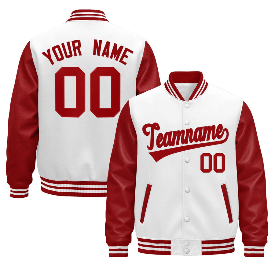 Custom Red White Raglan Sleeves Varsity Full-Snap Leather Sleeves Letterman Jacket | BuyFootballJersey