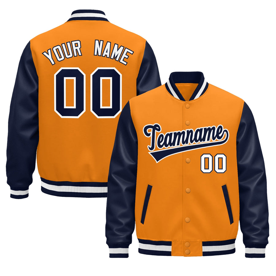 Custom Navy Orange White Raglan Sleeves Varsity Full-Snap Leather Sleeves Letterman Jacket | BuyFootballJersey