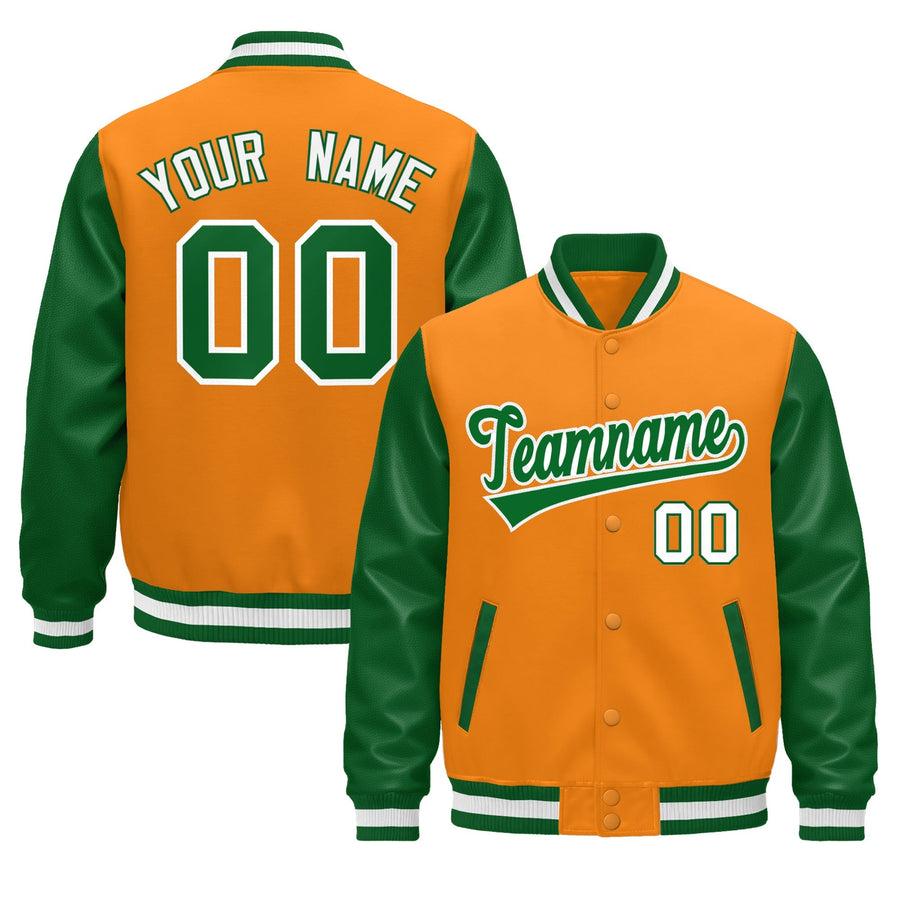 Custom Kelly Green Orange White Raglan Sleeves Varsity Full-Snap Leather Sleeves Letterman Jacket | BuyFootballJersey