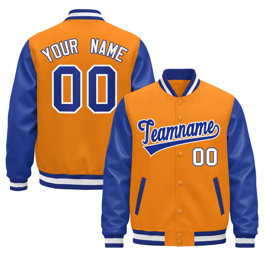 Custom Royal Blue Orange White Raglan Sleeves Varsity Full-Snap Leather Sleeves Letterman Jacket | BuyFootballJersey