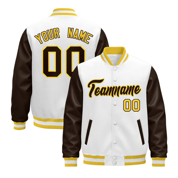 Custom White Brown Gold Raglan Sleeves Varsity Full-Snap Leather Sleeves Letterman Jacket | BuyFootballJersey