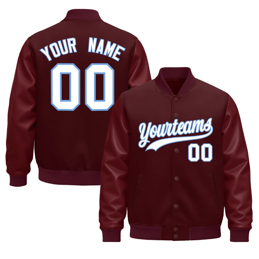 Custom Burgundy Light Blue Classic Style Leather Sleeves Wrinkle-Resistant Jacket | BuyFootballJersey