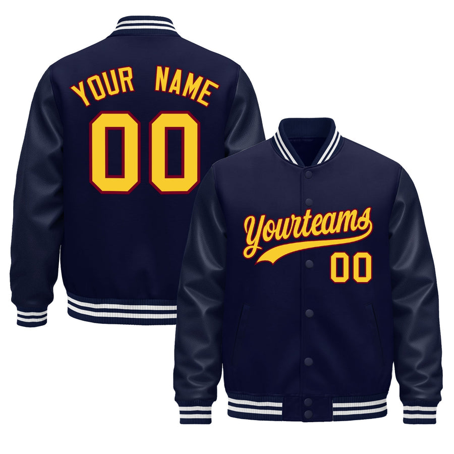 Custom Navy Burgundy Classic Style Leather Sleeves Wrinkle-Resistant Jacket | BuyFootballJersey